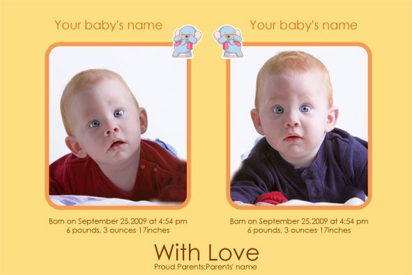 家族 photo templates 双子のベビーの誕生のお知らせ2